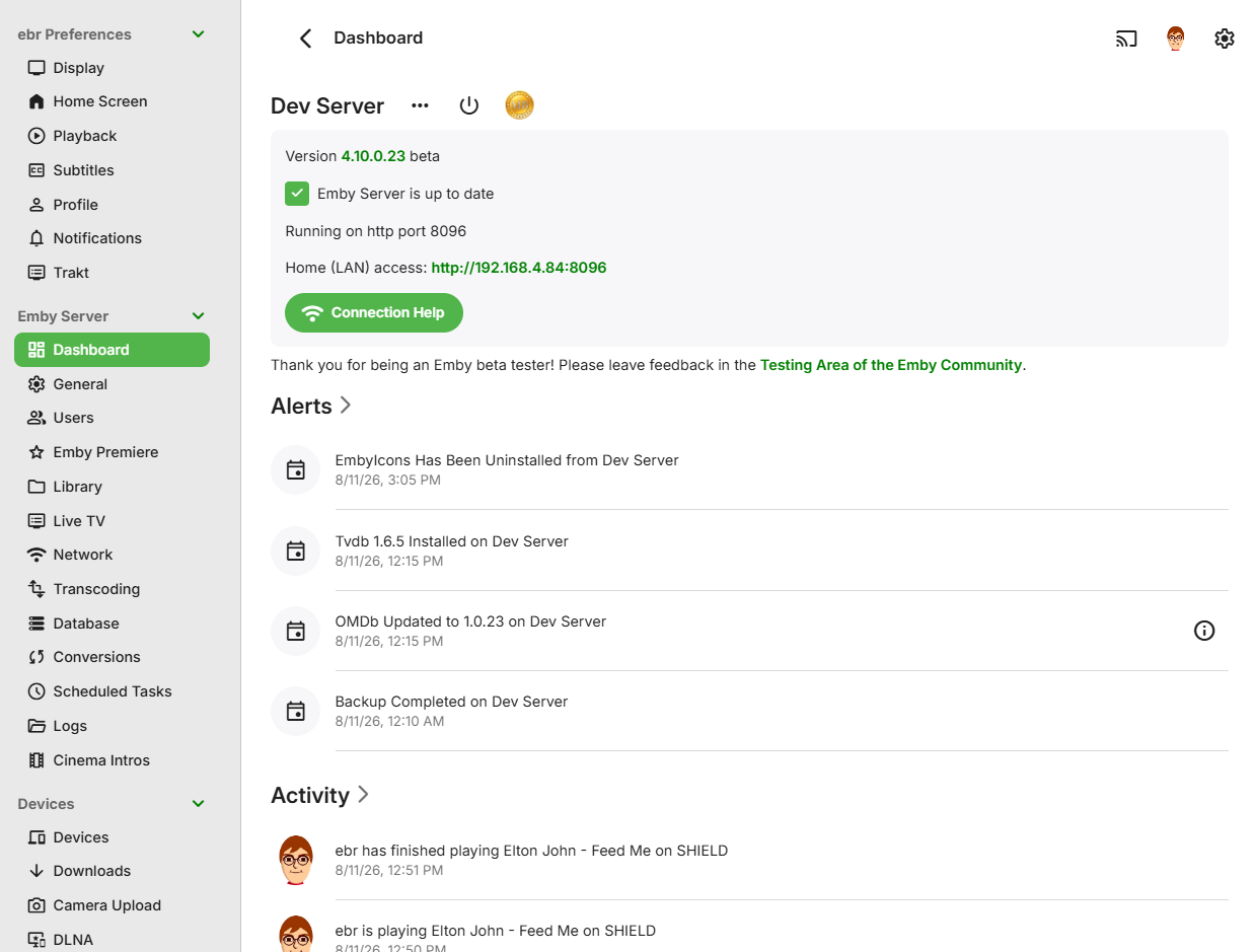 Managing an Emby Server from the web dashboard